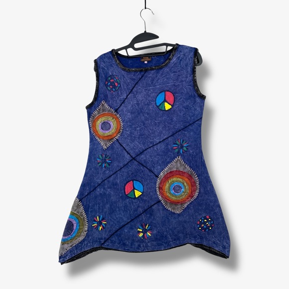 Rising International Patchwork Dress Womens M Blue Cotton Peace Sign Hippie Boho - Picture 1 of 7